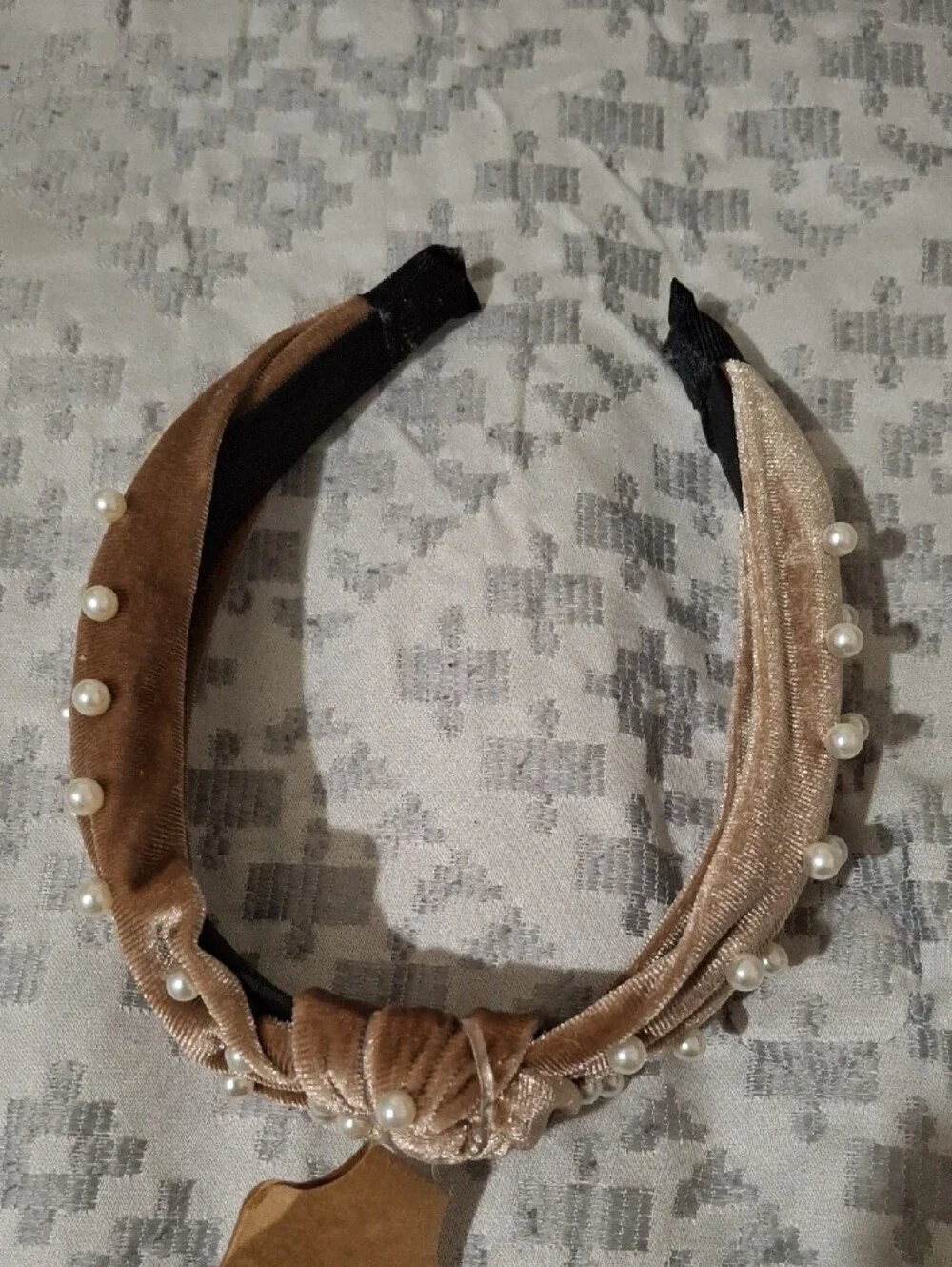Pearl-Embellished Knotted Velvet Headband - Tan